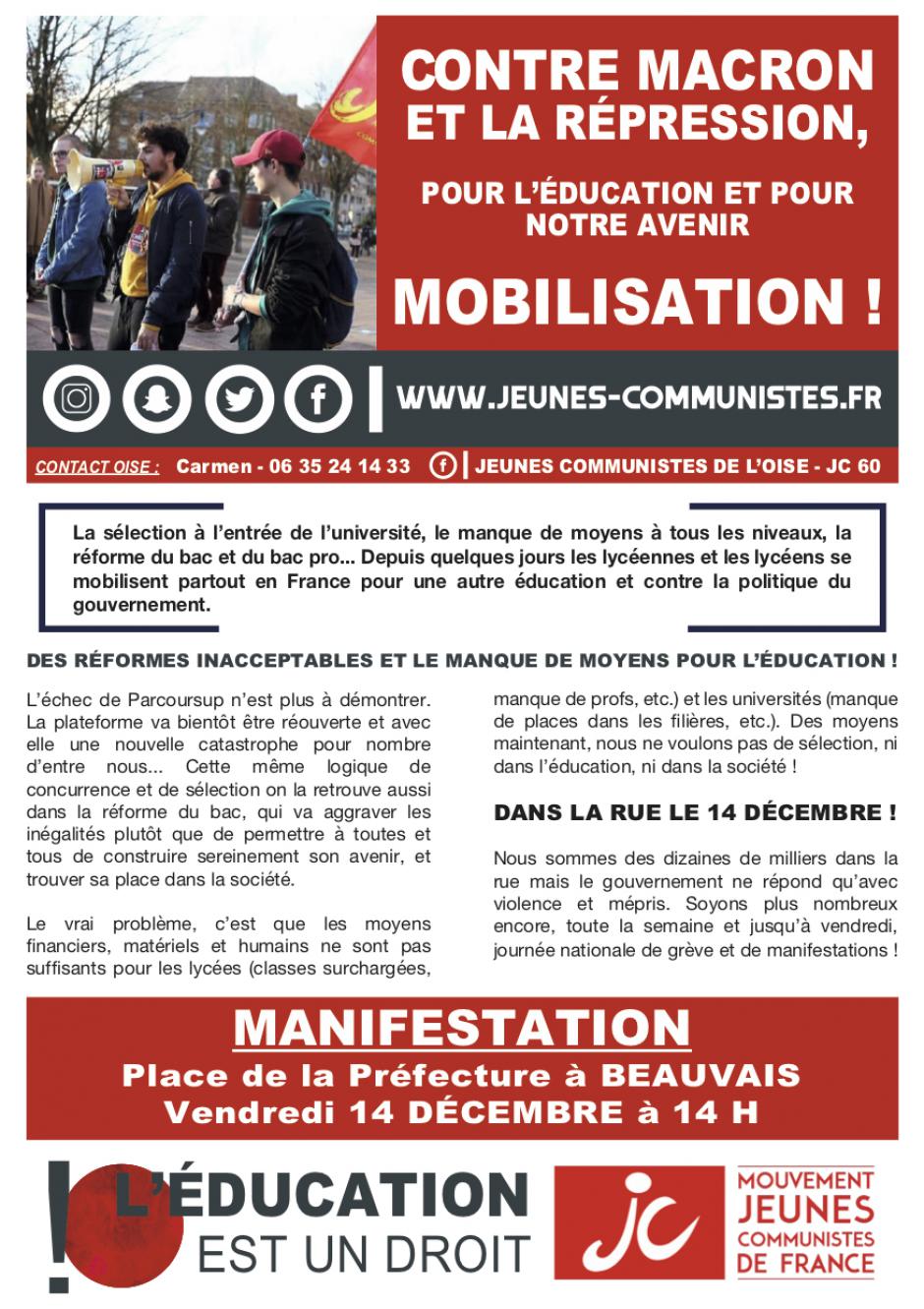 Flyer « Contre Macron et la répression, pour l'éducation et pour notre avenir, mobilisation ! » - JC 60, 14 décembre 2018 
